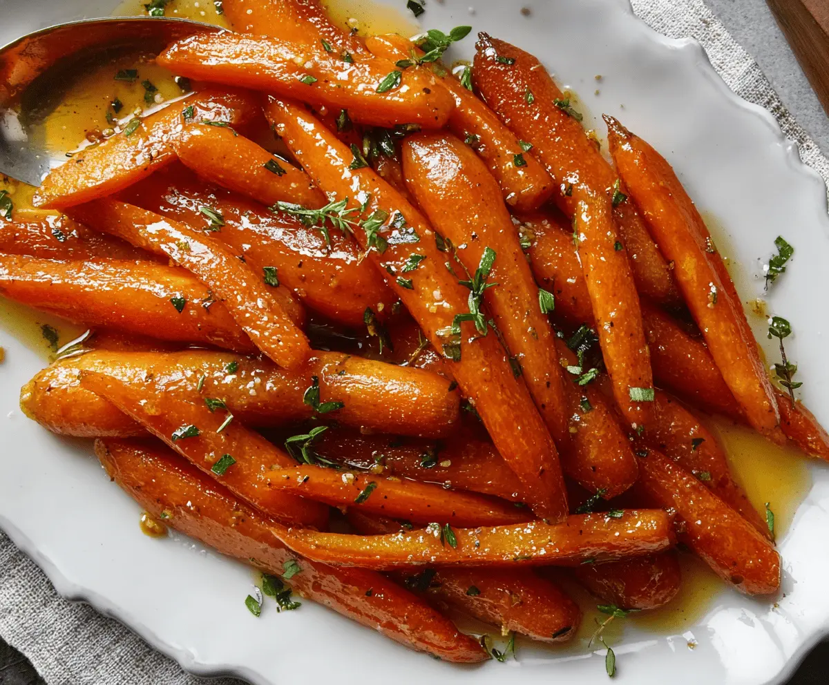 Delicious honey glazed carrots garnished with fresh herbs on a white plate.