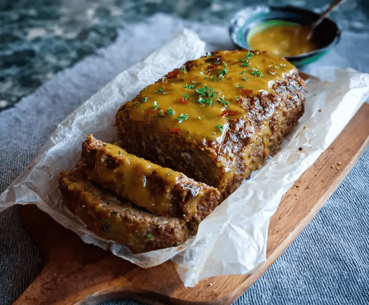 Juicy honey mustard glazed meatloaf served with fresh herbs and a side of vegetables on a rustic plate