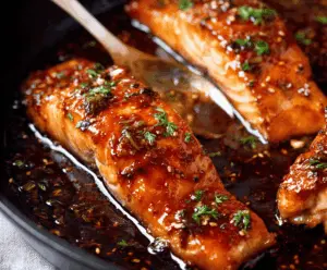 Delicious honey soy glazed salmon fillet served with fresh greens and lemon wedge