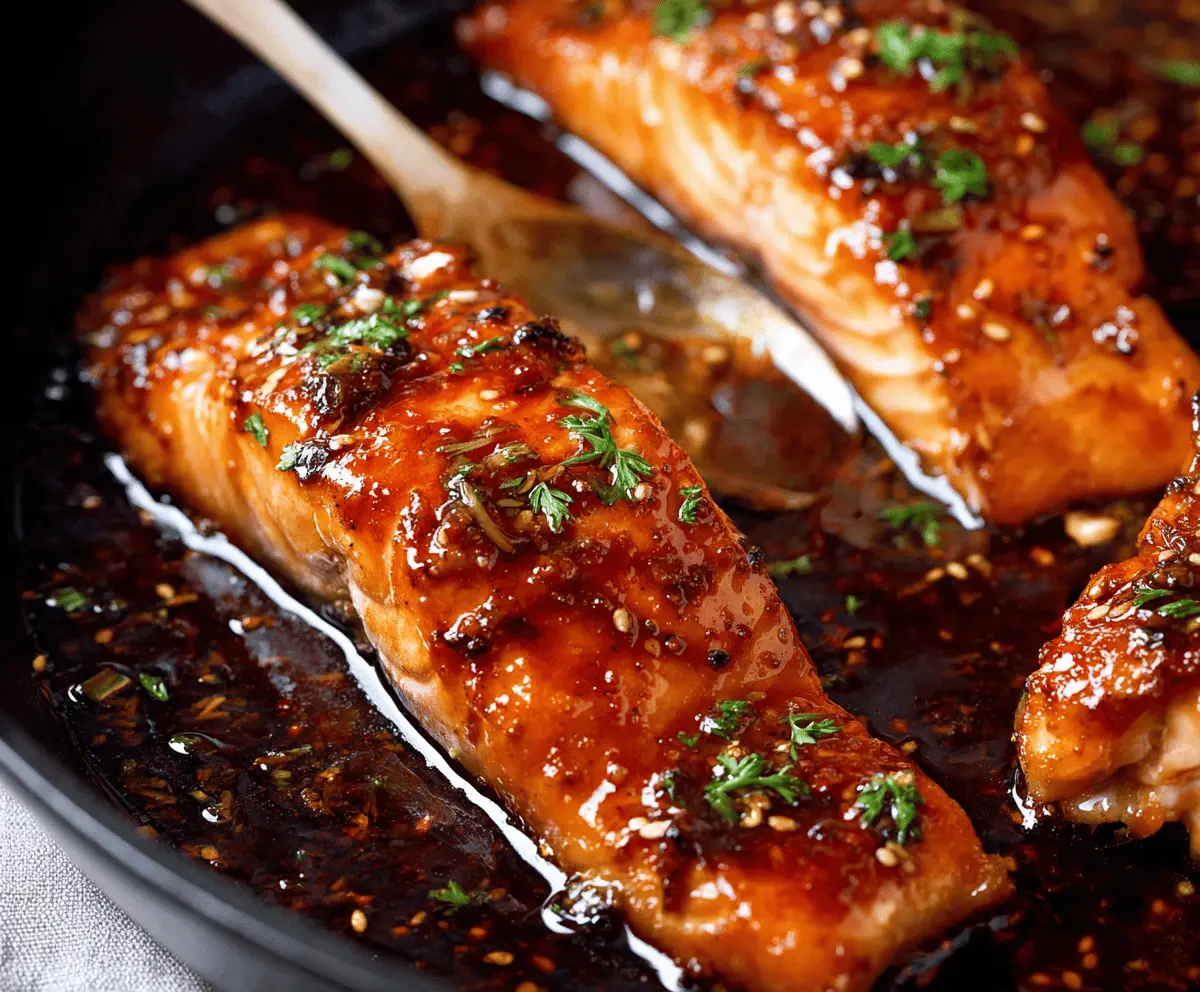 Delicious honey soy glazed salmon fillet served with fresh greens and lemon wedge