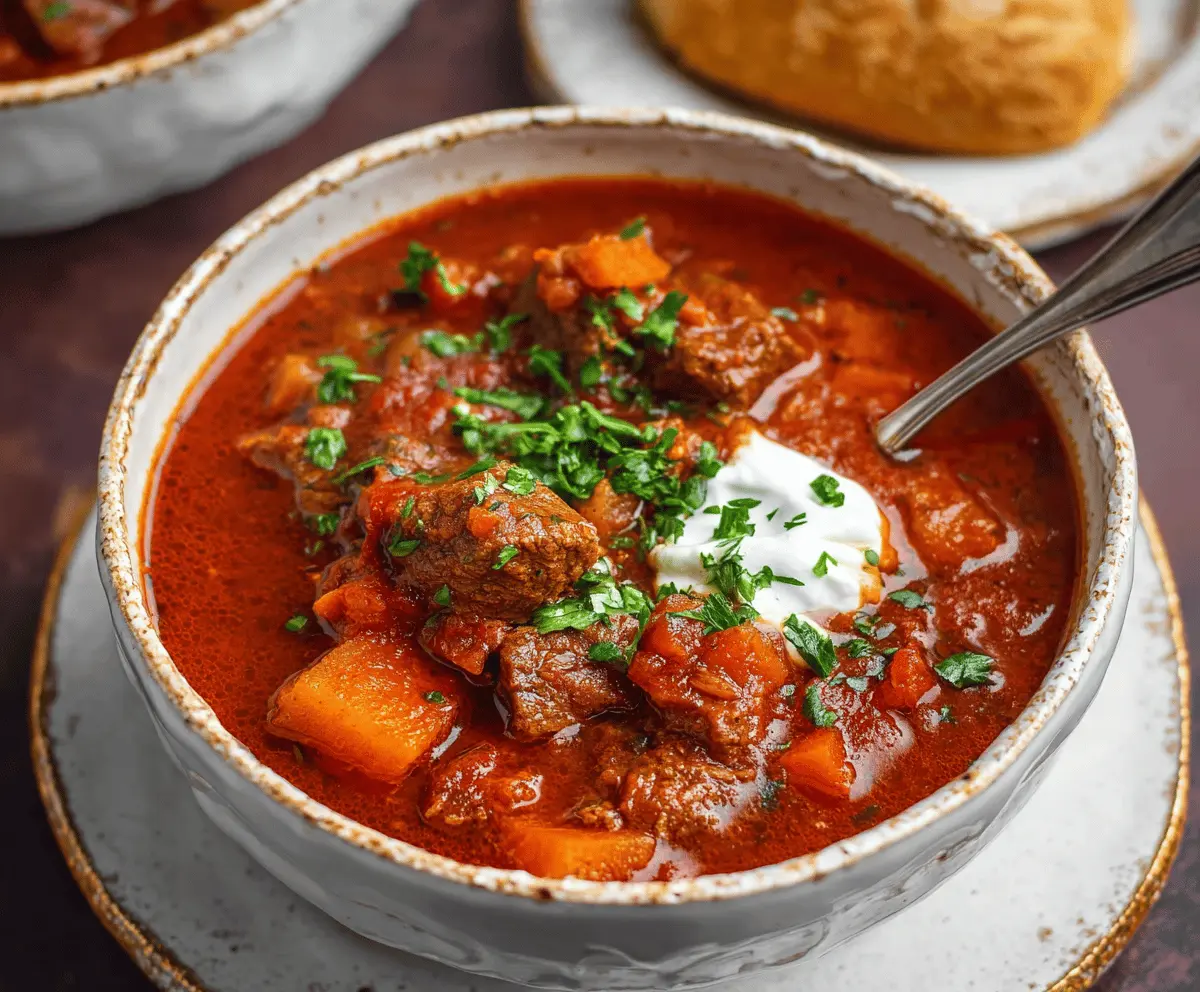 A delicious bowl of traditional Hungarian Goulash featuring tender beef, savory paprika sauce, and fresh vegetables served with crusty bread.