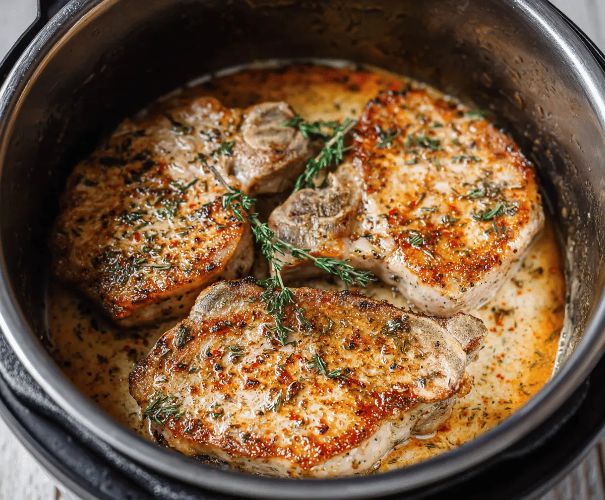 Juicy and tender Instant Pot pork chops with a savory glaze, served on a plate with fresh herbs and vegetables