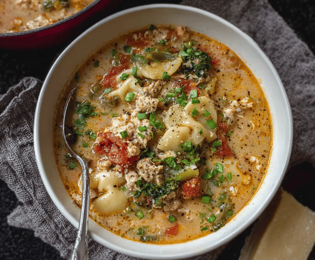 A bowl of Italian ground chicken soup garnished with fresh herbs and grated cheese, featuring colorful vegetables and tender chicken in a flavorful broth.