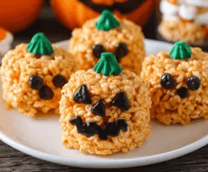 Decorative Jack o Lantern Rice Krispie Treats shaped like Halloween pumpkins for festive celebration