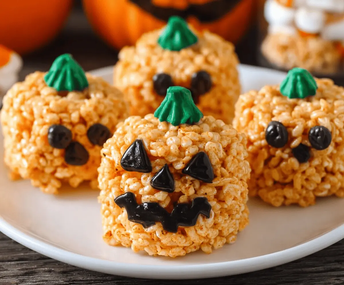 Decorative Jack o Lantern Rice Krispie Treats shaped like Halloween pumpkins for festive celebration