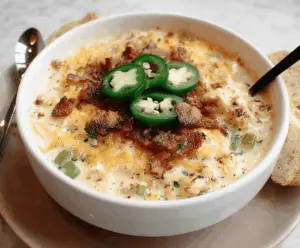 Creamy Jalapeño Popper Chicken Soup garnished with shredded cheese, chopped jalapeños, and fresh herbs in a bowl, perfect for spicy comfort food lovers.
