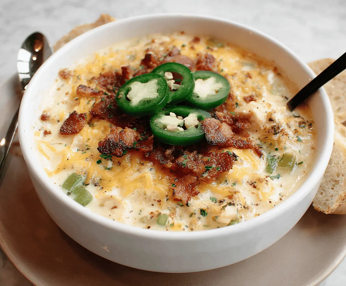 Creamy Jalapeño Popper Chicken Soup garnished with shredded cheese, chopped jalapeños, and fresh herbs in a bowl, perfect for spicy comfort food lovers.