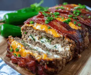Juicy Jalapeño Popper Meatloaf topped with melted cheese and crispy bacon slices, served on a white plate