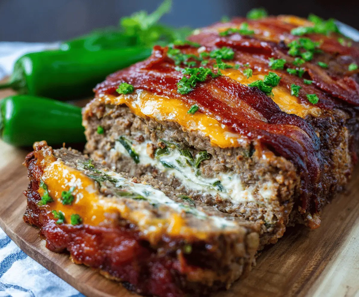 Juicy Jalapeño Popper Meatloaf topped with melted cheese and crispy bacon slices, served on a white plate
