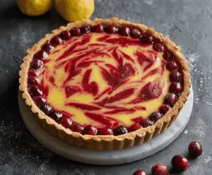 Fresh Lemon Cranberry Tart topped with lemon slices and cranberries on a decorative plate, perfect for festive desserts.