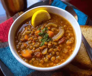 A steaming bowl of hearty lentil soup garnished with fresh herbs, served with bread on a rustic wooden table.