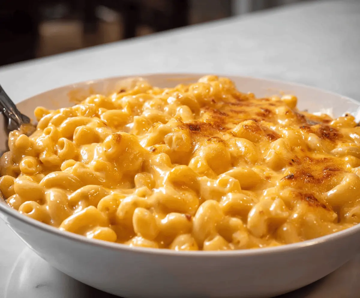 Creamy homemade mac and cheese served in a bowl with melted cheese and pasta, perfect comfort food for all ages.