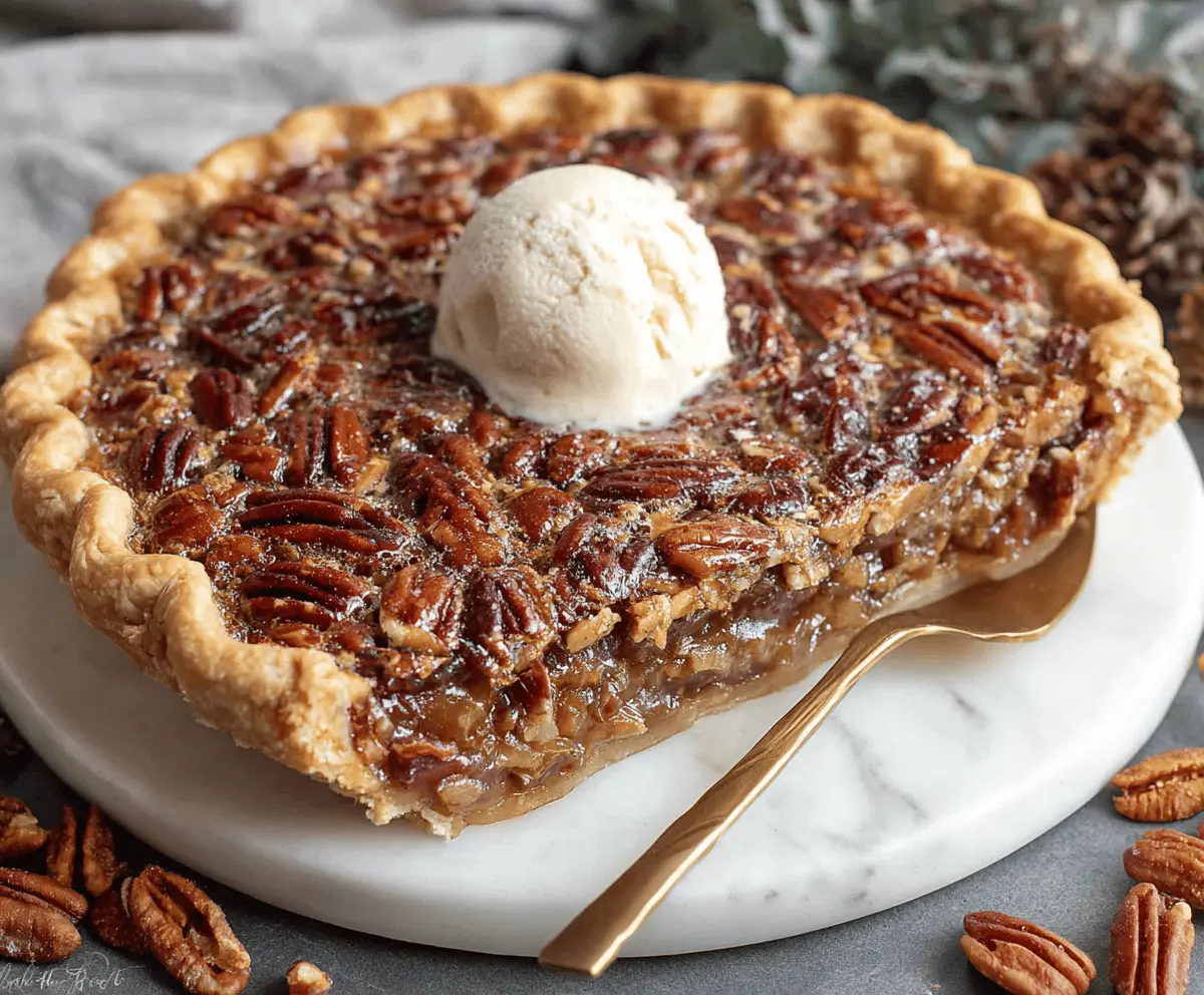 Delicious Maple Pecan Pie topped with toasted pecans and a glossy maple syrup glaze on a rustic wooden table.