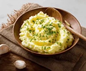 Creamy, fluffy mashed potatoes topped with a pat of butter and fresh herbs, served as a delicious side dish.
