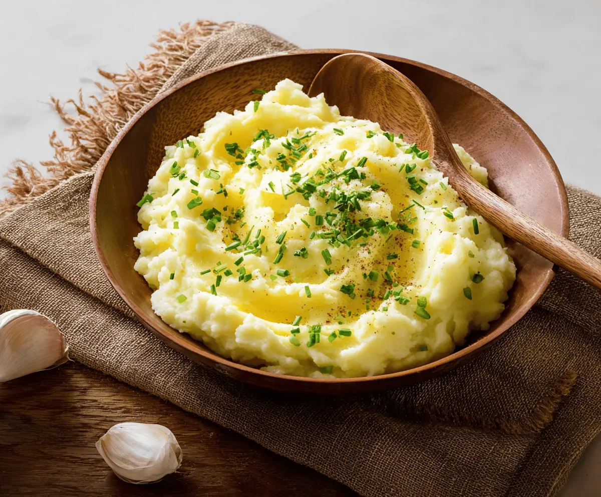 Creamy, fluffy mashed potatoes topped with a pat of butter and fresh herbs, served as a delicious side dish.
