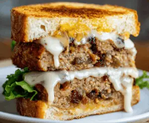 Delicious homemade meatloaf sandwich with melted cheese, fresh lettuce, tomato, and tangy sauce on toasted bread