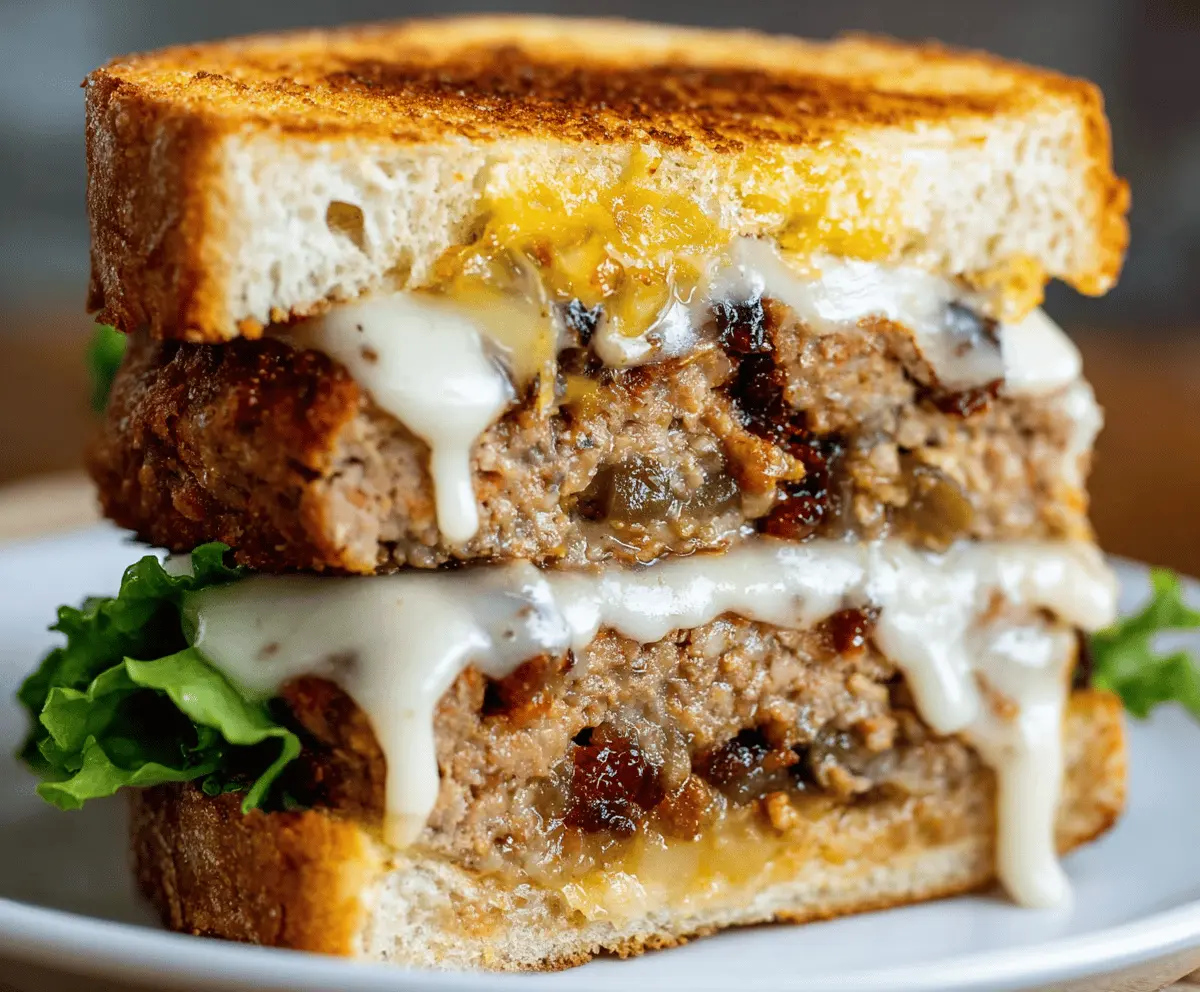 Delicious homemade meatloaf sandwich with melted cheese, fresh lettuce, tomato, and tangy sauce on toasted bread