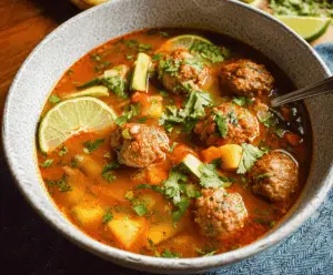 Hearty Mexican Albondigas Soup with meatballs, vegetables, and flavorful broth in a bowl