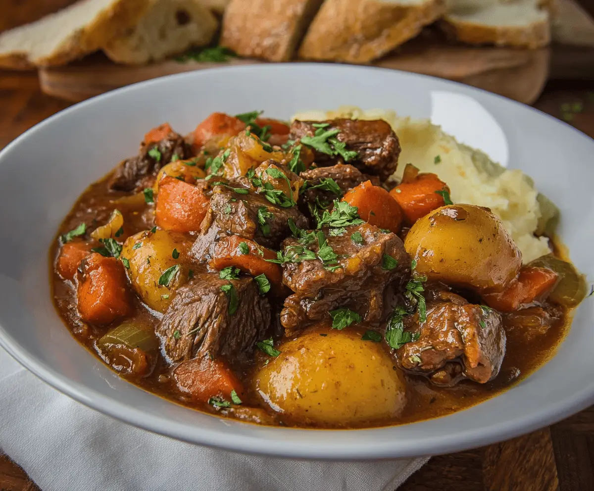 Hearty Mississippi Beef Stew with tender beef chunks, vegetables, and savory broth in a rustic bowl.
