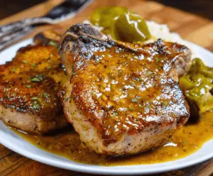 Juicy Mississippi Pork Chops topped with melted butter and seasoning, served with sides on a plate