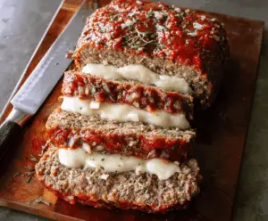 Delicious mozzarella-stuffed meatloaf fresh out of the oven, showcasing melted cheese inside a tender meat mixture.