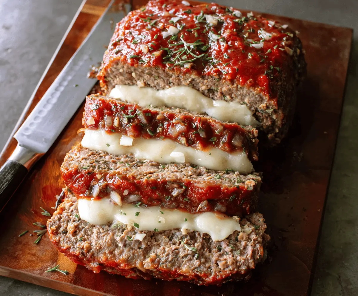 Delicious mozzarella-stuffed meatloaf fresh out of the oven, showcasing melted cheese inside a tender meat mixture.