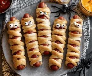 Cute mummy hot dogs wrapped in crescent roll bandages with googly eyes, perfect for Halloween parties.