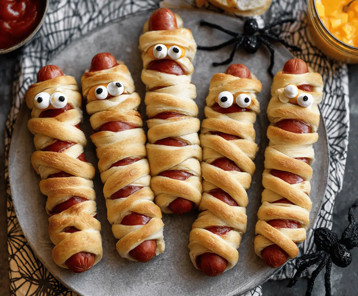 Cute mummy hot dogs wrapped in crescent roll bandages with googly eyes, perfect for Halloween parties.
