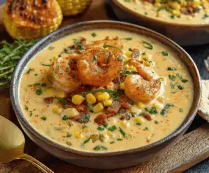 Creamy New Orleans Shrimp and Corn Bisque served in a bowl with garnished shrimp and fresh herbs, perfect for a flavorful seafood soup experience.