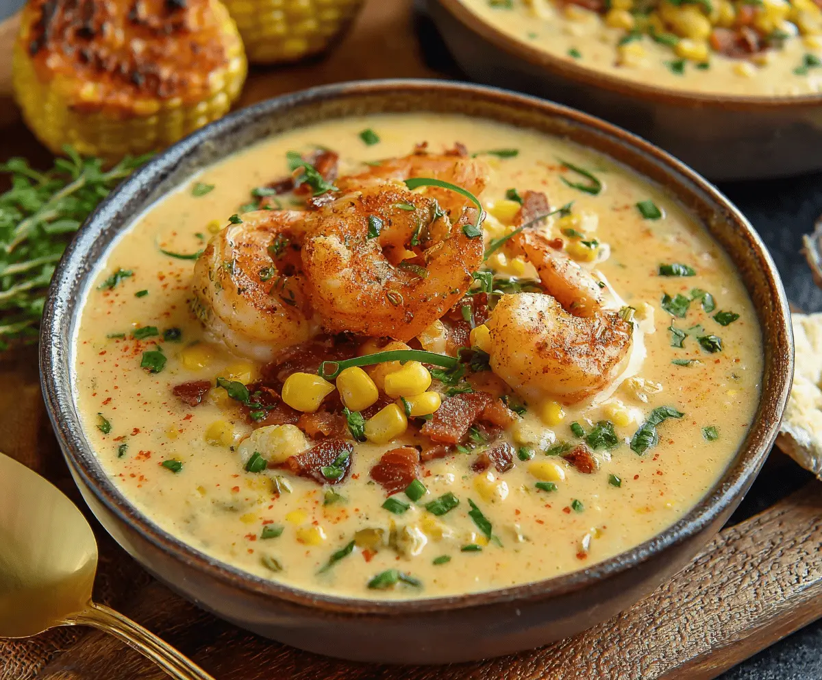 Creamy New Orleans Shrimp and Corn Bisque served in a bowl with garnished shrimp and fresh herbs, perfect for a flavorful seafood soup experience.