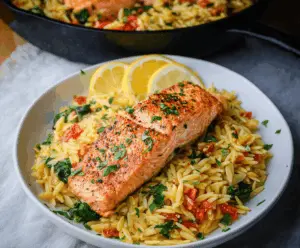 Delicious one skillet salmon with lemon orzo pasta served on a plate, garnished with fresh herbs for a flavorful, easy-to-make seafood dinner