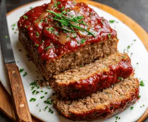 Juicy meatloaf seasoned with onion soup mix served on a plate with vegetables, perfect for a comforting homemade dinner