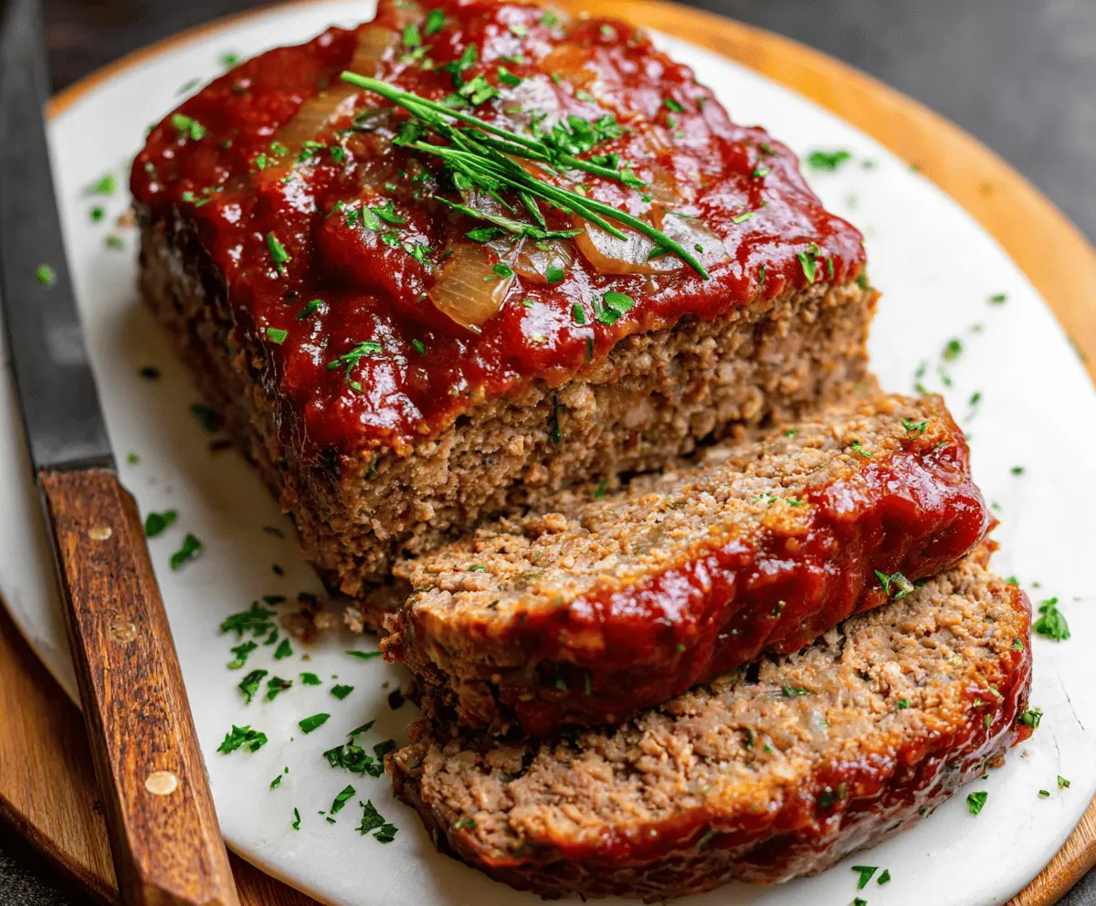 Juicy meatloaf seasoned with onion soup mix served on a plate with vegetables, perfect for a comforting homemade dinner
