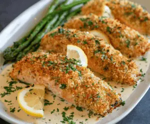 Delicious Parmesan crusted salmon fillet cooked to perfection, showcasing a golden breadcrumb crust.