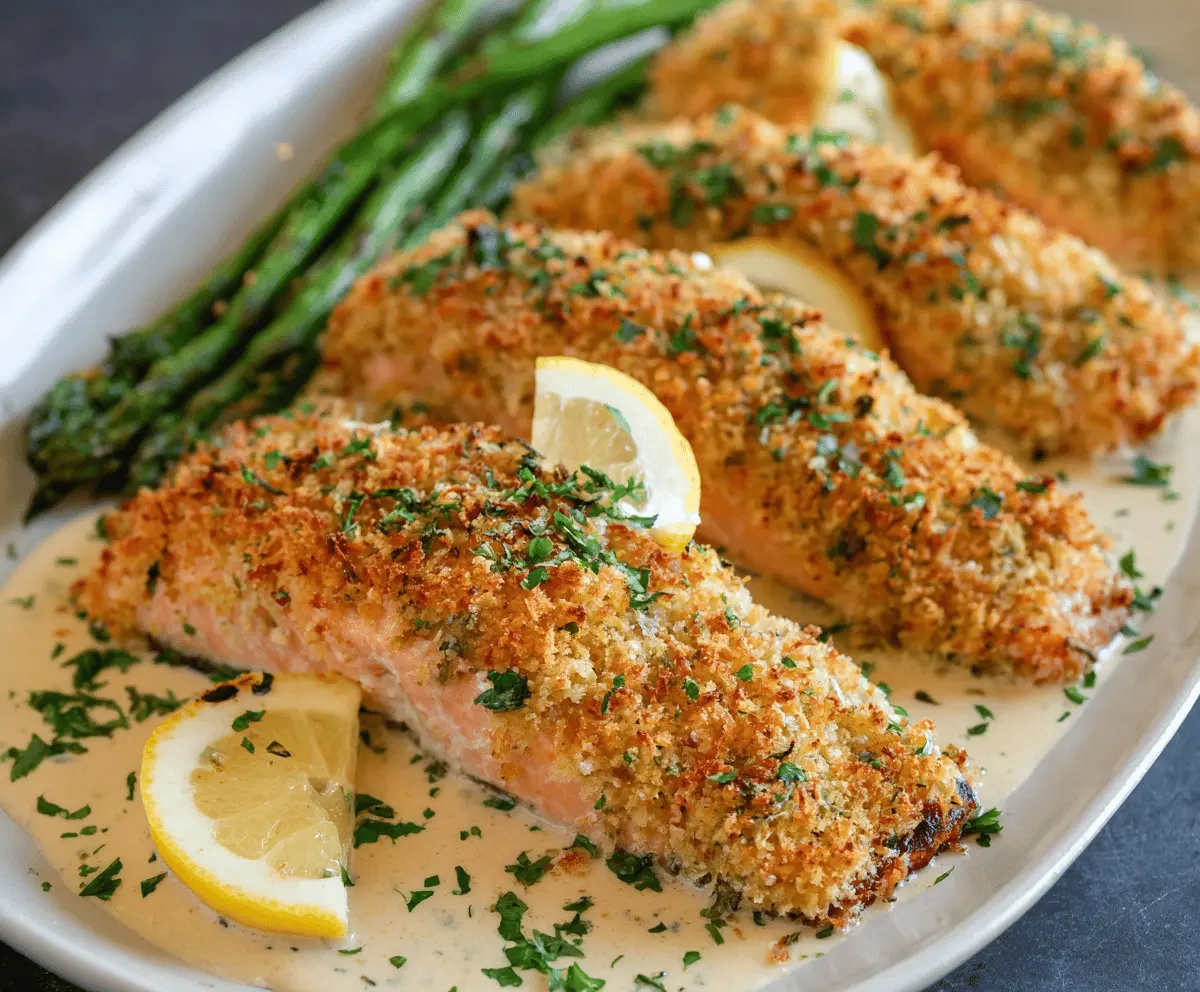 Delicious Parmesan crusted salmon fillet cooked to perfection, showcasing a golden breadcrumb crust.