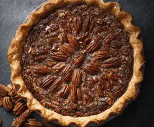 Delicious homemade pecan pie topped with toasted pecans and a golden crust, ready to serve