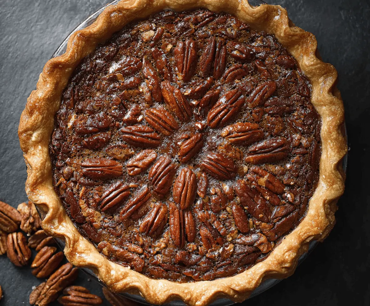 Delicious homemade pecan pie topped with toasted pecans and a golden crust, ready to serve