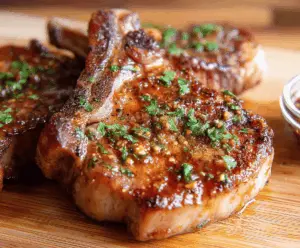 Juicy pork chop marinated in flavorful herbs and spices ready for grilling.