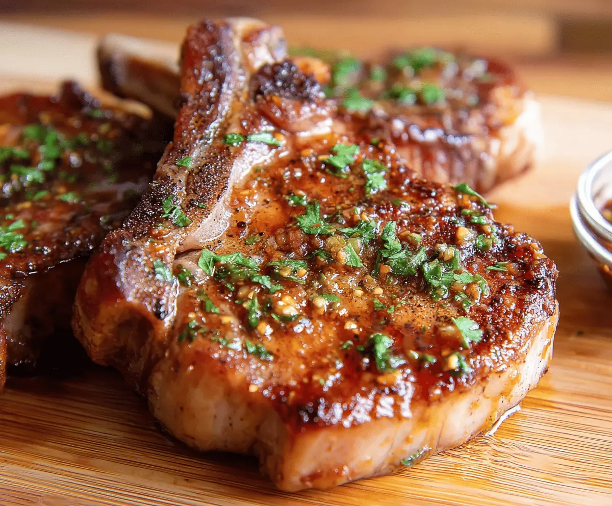 Juicy pork chop marinated in flavorful herbs and spices ready for grilling.