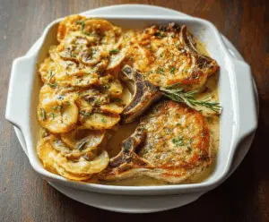 Golden baked pork chops served with creamy scalloped potatoes casserole topped with cheese and herbs.
