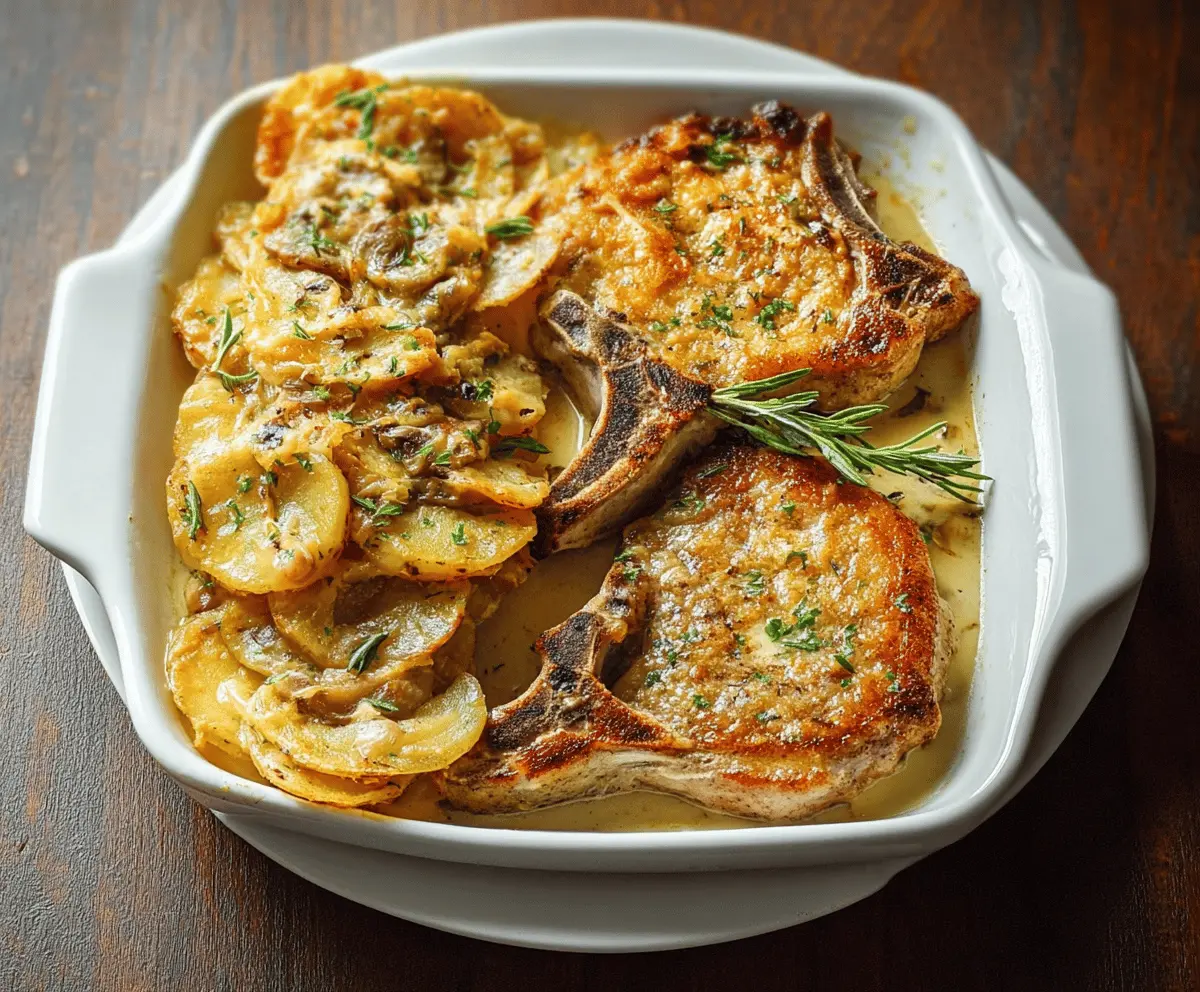Golden baked pork chops served with creamy scalloped potatoes casserole topped with cheese and herbs.