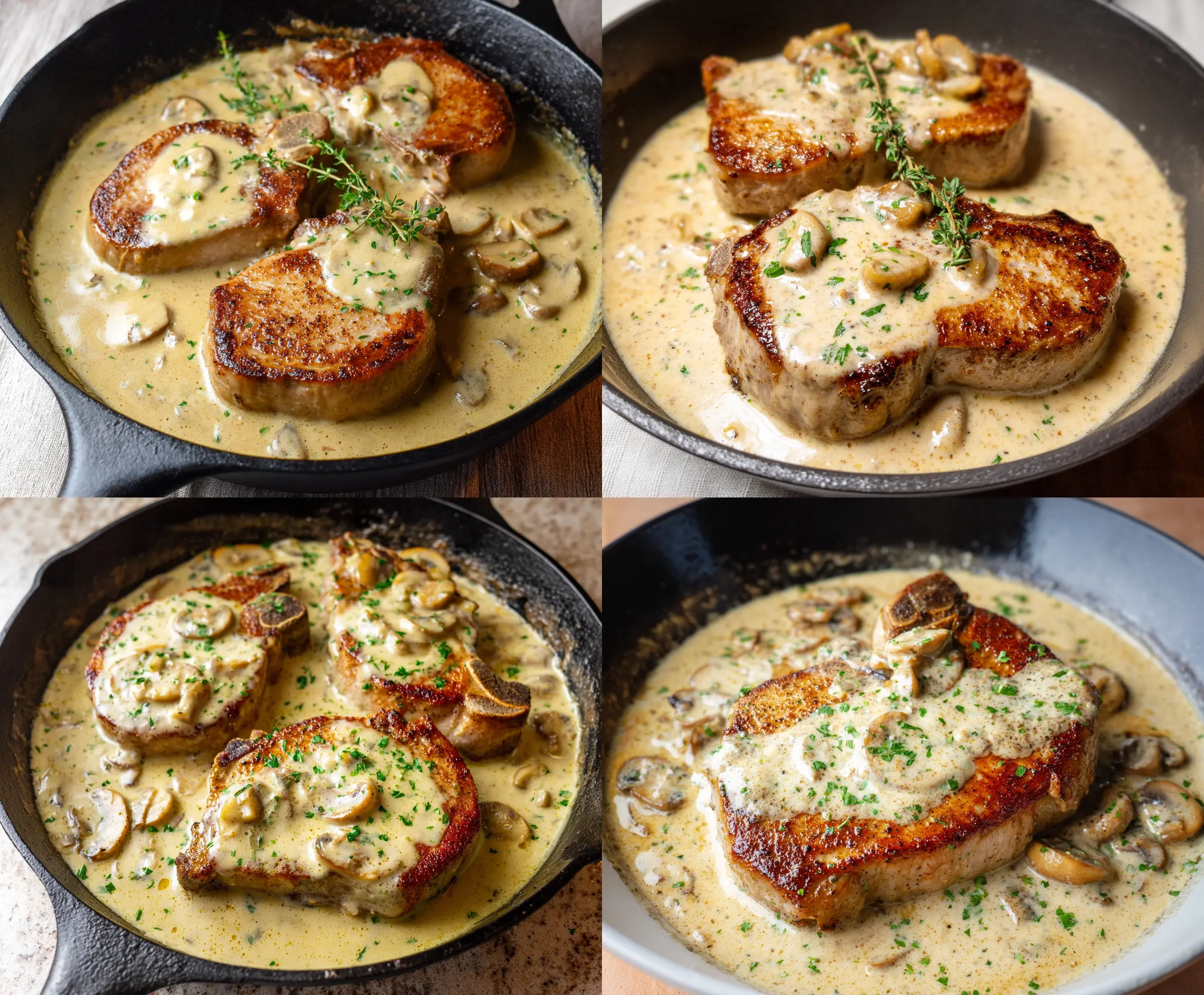 Juicy pork chops topped with rich, creamy garlic sauce served on a plate garnished with fresh herbs.