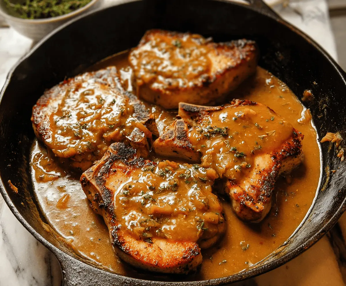 Juicy pork chops topped with savory pan gravy served on a plate, garnished with herbs, perfect for a hearty meal.