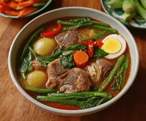 Delicious pork sinigang stew with vegetables and sour tamarind broth in a bowl