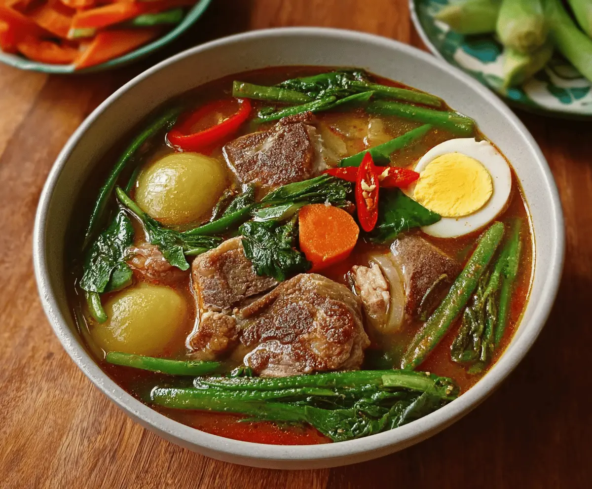 Delicious pork sinigang stew with vegetables and sour tamarind broth in a bowl