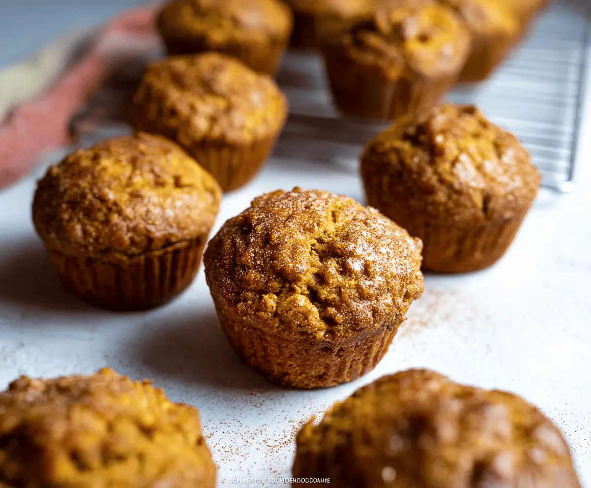 Freshly baked pumpkin apple cinnamon muffins with a golden-brown crust, topped with a sprinkle of cinnamon, on a rustic wooden table.