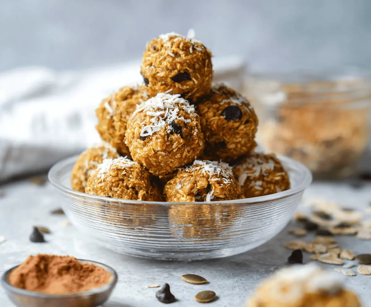 Healthy pumpkin banana protein balls on a white plate, featuring a colorful mix of oats, pumpkin seeds, and dried fruit, perfect for a nutritious snack.