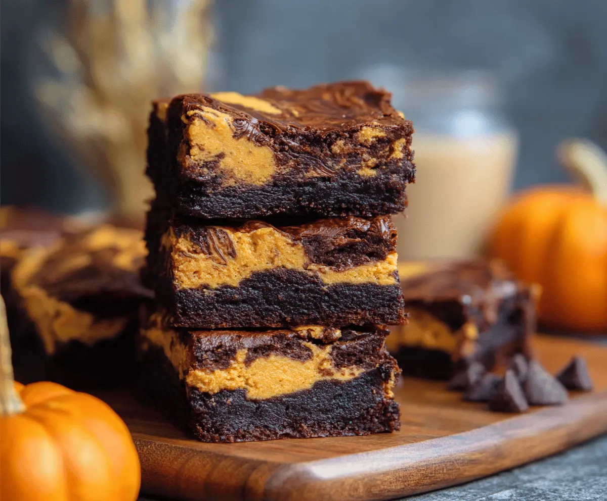 Delicious homemade pumpkin brownies topped with chocolate chips, perfect for fall desserts and holiday treats.