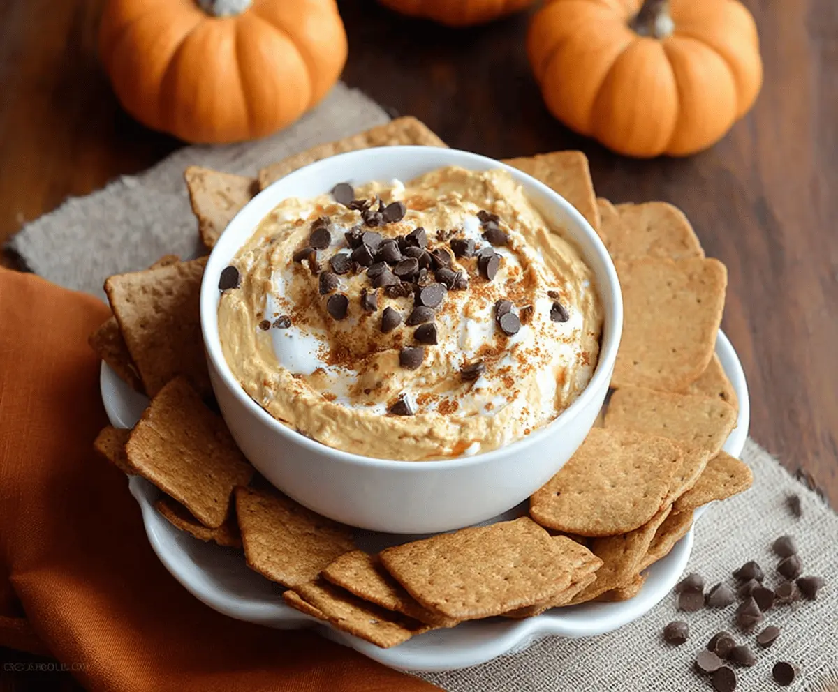 Creamy Pumpkin Cannoli Dip topped with crushed cookie crumbs and mini chocolate chips, perfect for fall desserts and holiday gatherings.