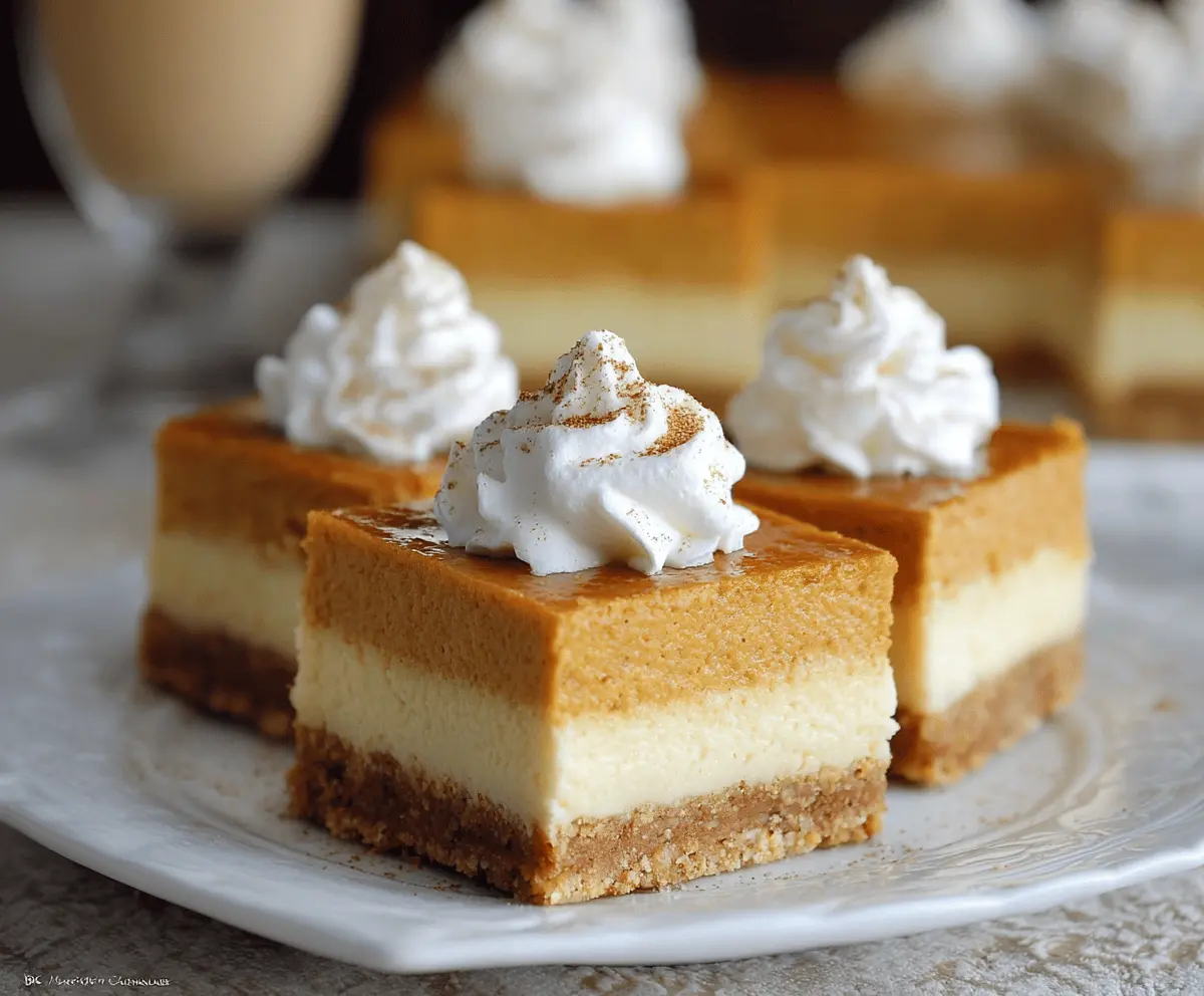 Delicious Pumpkin Cheesecake Bars topped with whipped cream and cinnamon, perfect for fall dessert